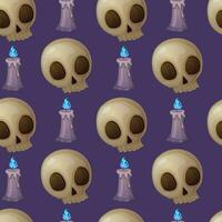 Halloween skull and candle seamless pattern on purple background. vector