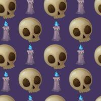 Halloween skull and candle seamless pattern on purple background. vector