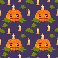 Víspera de Todos los Santos Jack-o-lantern con velas sin costura modelo en púrpura antecedentes. vector