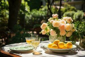 table set for a summer brunch in the garden AI Generated photo