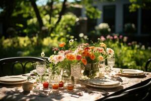 table set for a summer brunch in the garden AI Generated photo