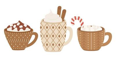 Set of cups with marshmallows, cream, chocolate, candy cane, cinnamon sticks. Cups with hot drinks vector