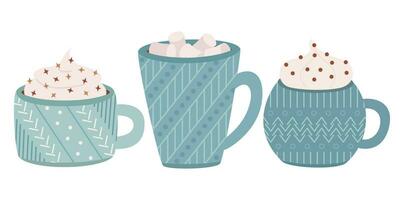 Set of cups with marshmallows, cream, chocolate. Cups with hot drinks vector