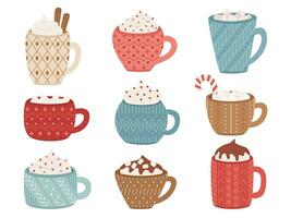 Set of cups with marshmallows, cream, chocolate, candy cane, cinnamon sticks vector