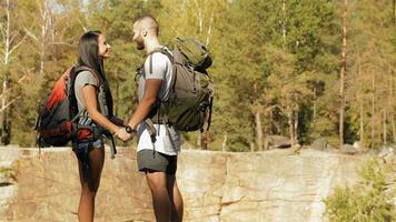 Young couple of hikers kisses near the cliff video