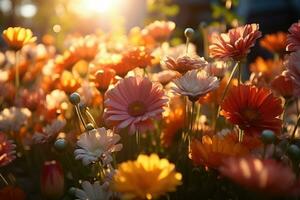 Flower field in sunlight spring or summer garden professional advertising photography AI Generated photo