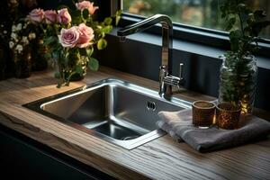 stock photo of inside home view sink AI Generated