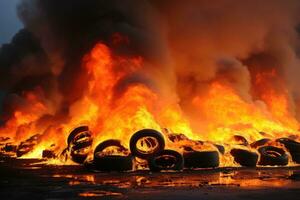 the condition of car tires burning on the road professional advertising photography AI Generative photo