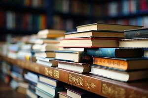 pile of book on the top table in library professional advertising photography AI Generative photo