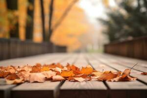 Autumn foliage in park on wooden table, blurred background. Generative AI photo