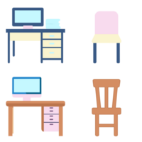 ikon uppsättning arbetssätt plats tabell skrivbord och stol med dator elevation kontor png