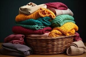 Pile of clean clothes and Wicker basket with clean laundry professional advertising photography AI Generative photo