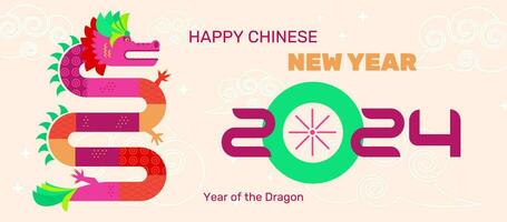 Chinese New Year postcard with flat Asian dragon character, zodiac symbol of 2024 year, greeting card, banner, template, decorative art with text greeting. Vector illustration.