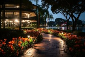 a park in a bustling city with wide open space flower fields AI Generated photo