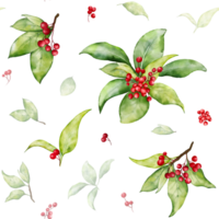 Seamless pattern with watercolor Christmas of red berries png