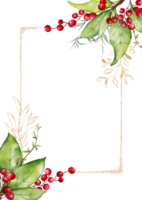 Christmas card watercolor berries and leaves on gold frame png