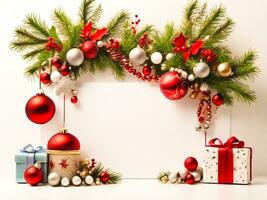 alegre Navidad festival y contento nuevo año en fiesta a decoraciones para saludo tarjetas en blanco antecedentes con Copiar espacio para texto foto