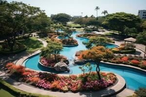 a park in a bustling city with wide open space flower fields AI Generated photo