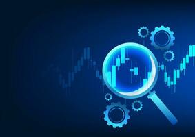 Stock chart is a technology created to display financial market prices for investors to analyze buy or sell. It is a candlestick chart with a magnifying glass and gears. vector