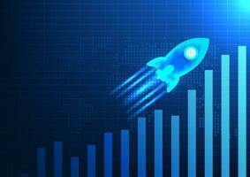 Background bar chart is a map of the world with rockets rising. It represents the growth of a company that increases profits, wins over competitors and expands business around the world. vector