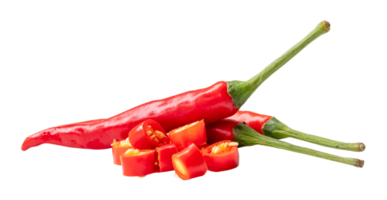 Front view of fresh red chili or peppers with slices or pieces isolated with clipping path in png file format. Hot spices