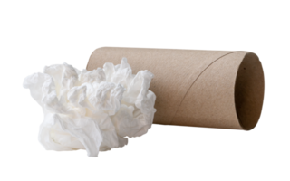 Single white screwed or crumpled tissue paper or napkin in strange shape after use in toilet or restroom with tissue paper core isolated in png file format