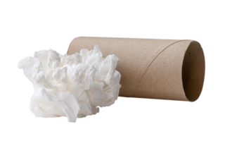 Single white screwed or crumpled tissue paper or napkin in strange shape after use in toilet or restroom with tissue paper core isolated in png file format