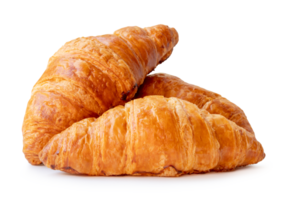 three pieces of croissant in stack isolated with clipping path and shadow in png file format