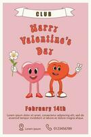 Retro Valentine's Day card.y2k.Cartoon style. Cute heart characters. vector