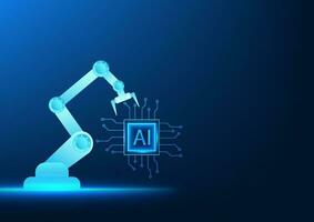 Industry 4.0 business technology, mechanical arm holding ai microchip plan. It refers to the modern manufacturing industry that is fully automated and uses artificial intelligence to help. vector