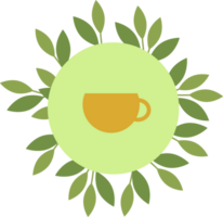 Orange cup of tea in green circle and leaves png