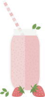 Pink smoothie or juice in a glass jar with a straw for a cocktail and green leaves, strawberries in a flat png