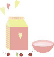 illustration avec une paquet de Lait ou yaourt, une bol et cerises sur le table dans plat png