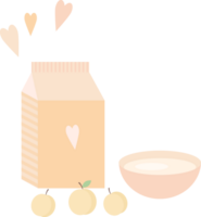 illustration med en paket av mjölk eller yoghurt, en skål och persikor på de tabell i platt png