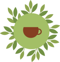 Brown cup of tea in green circle and leaves png