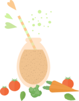 Smoothie or juice in a glass bottle with a straw for a cocktail and vegetables, hearts in flat png