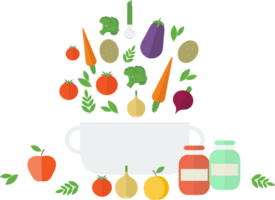 Cooking dishes from vegetables, saucepan and spices standing on a table with fruits and leaves in flat png