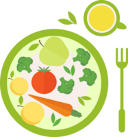 A plate with vegetables and fruits standing on the table and a fork, juice in a glass in flat png