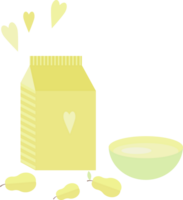 illustration avec une Jaune paquet de Lait ou yaourt, une bol et poires sur le table dans plat png