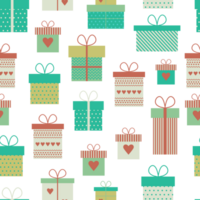 Seamless pattern with pink, white and green gift boxes with hearts in flat png