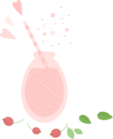 Pink smoothie or juice in a glass bottle with a straw for cocktail and cranberries, mint, hearts in flat png