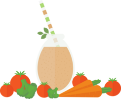 Smoothie or juice in a glass bottle with a straw for a cocktail and vegetables on a table in a flat png