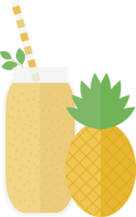 Smoothie or juice in a glass bottle with a straw for a cocktail and green leaves, pineapple on a table in a flat png