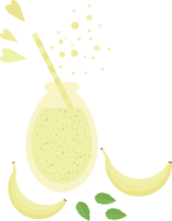 Yellow smoothie or juice in a glass bottle with a straw for cocktail and bananas, mint, hearts in flat png