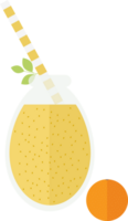 Orange smoothie or juice in a glass bottle with a straw for a cocktail and green leaves, fruit on a table in a flat png