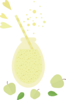 Yellow smoothie or juice in a glass bottle with a straw for cocktail and apples, mint, hearts in flat png