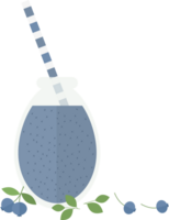 Blue smoothie or juice in a glass bottle with a straw for a cocktail and green leaves, blueberries in a flat style png