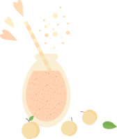 Smoothie or juice in a glass bottle with a straw for cocktail and peaches, mint, hearts in flat style png