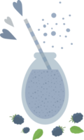 Blue smoothie or juice in a glass bottle with a straw for cocktail and blackberries, mint, hearts in flat png