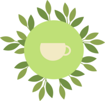 White cup of tea in green circle and leaves png